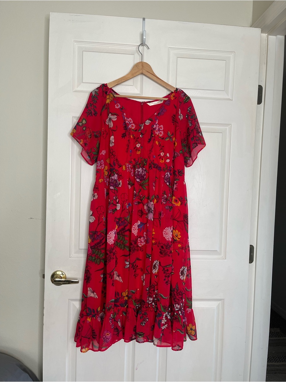 Red Floral V-Neck Short Sleeve Midi Dress gardencore cottagecore